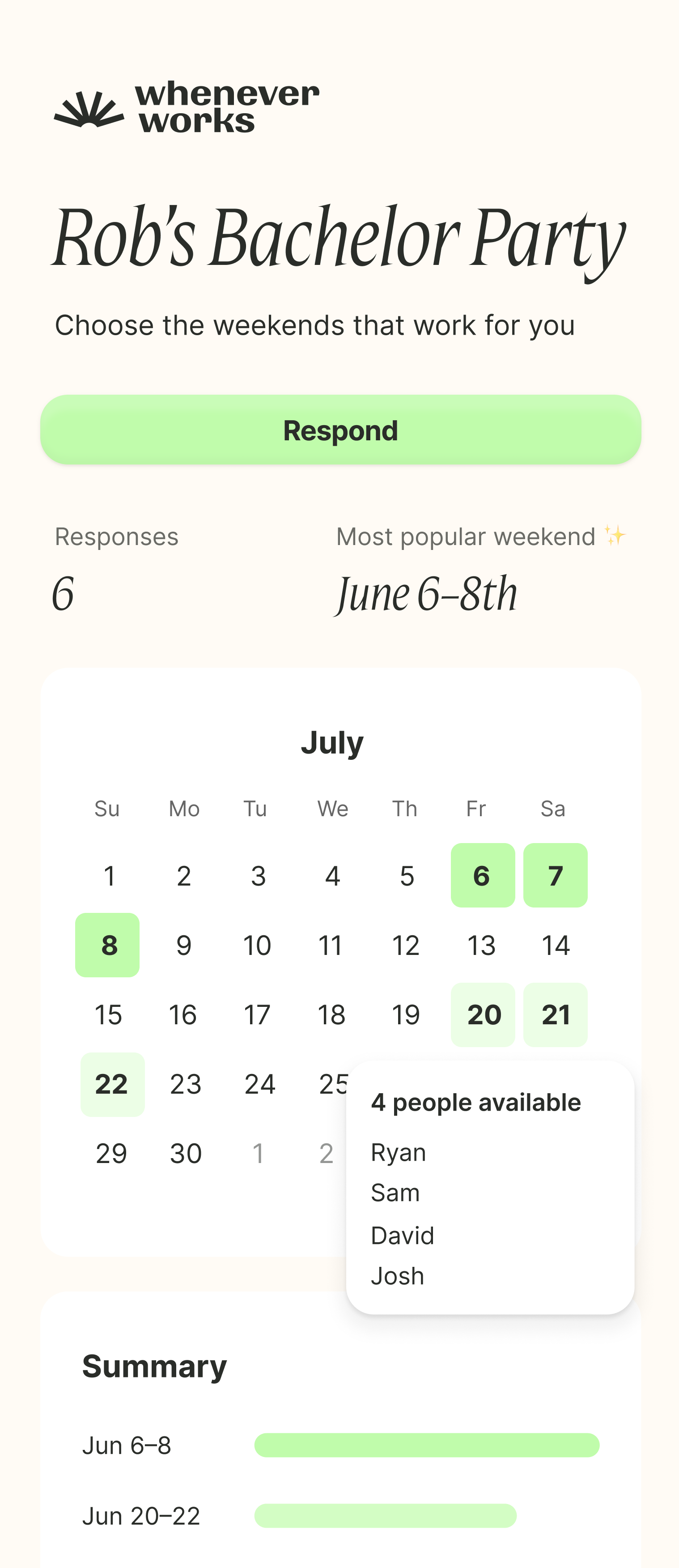 Bachelor party planning interface showing available dates for the crew