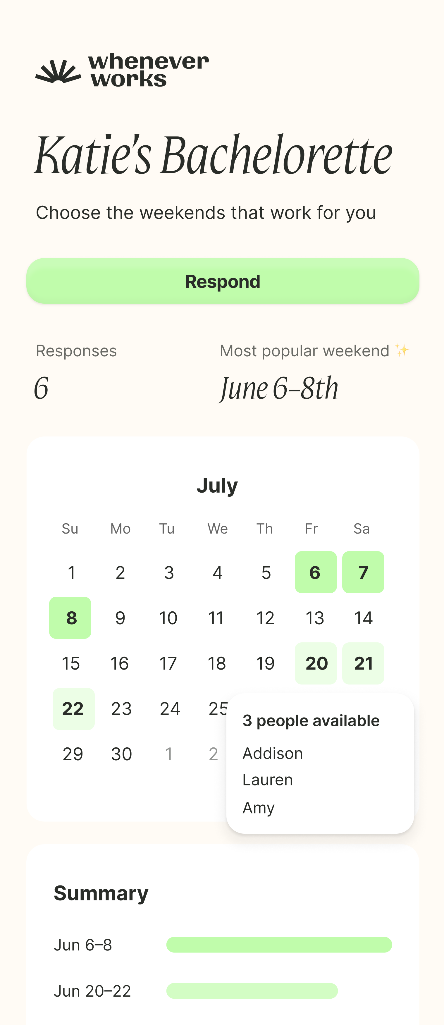 Bachelorette party planning interface showing available dates for the girl squad