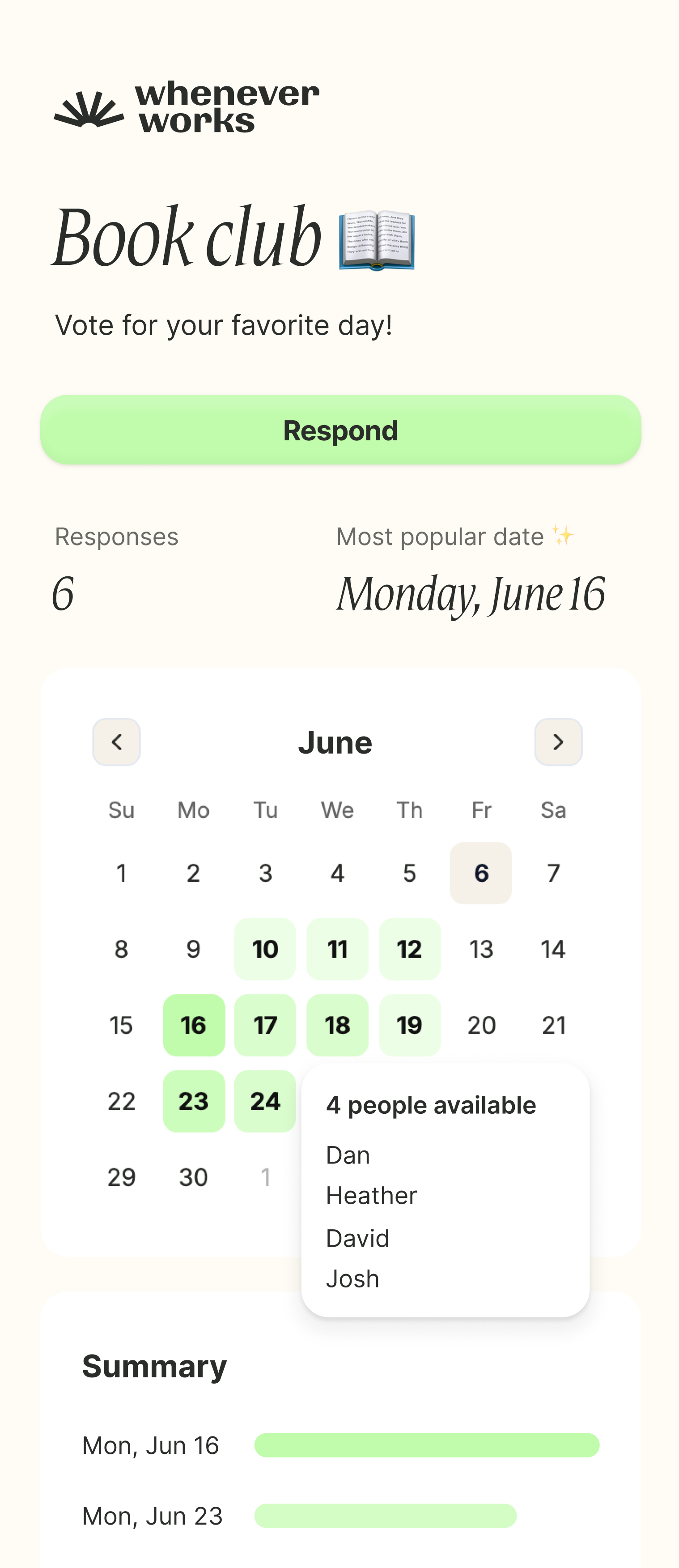 Book club meeting planning interface showing available dates for members