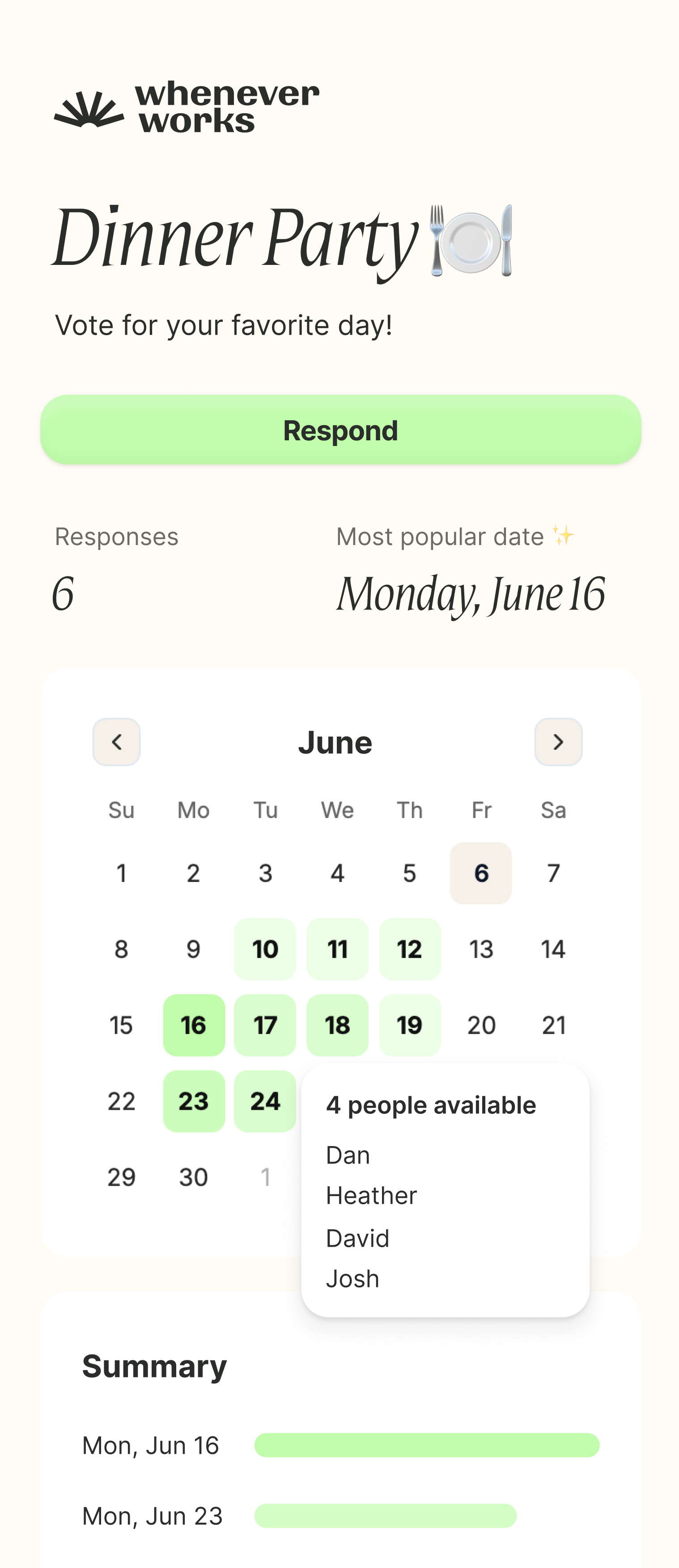 Dinner party planning interface showing available dates for guests