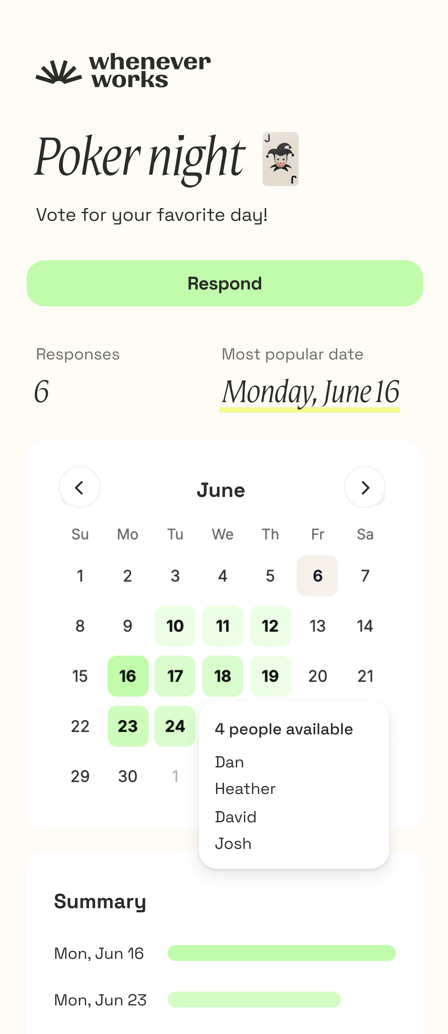 Game night planning interface showing available dates for friends